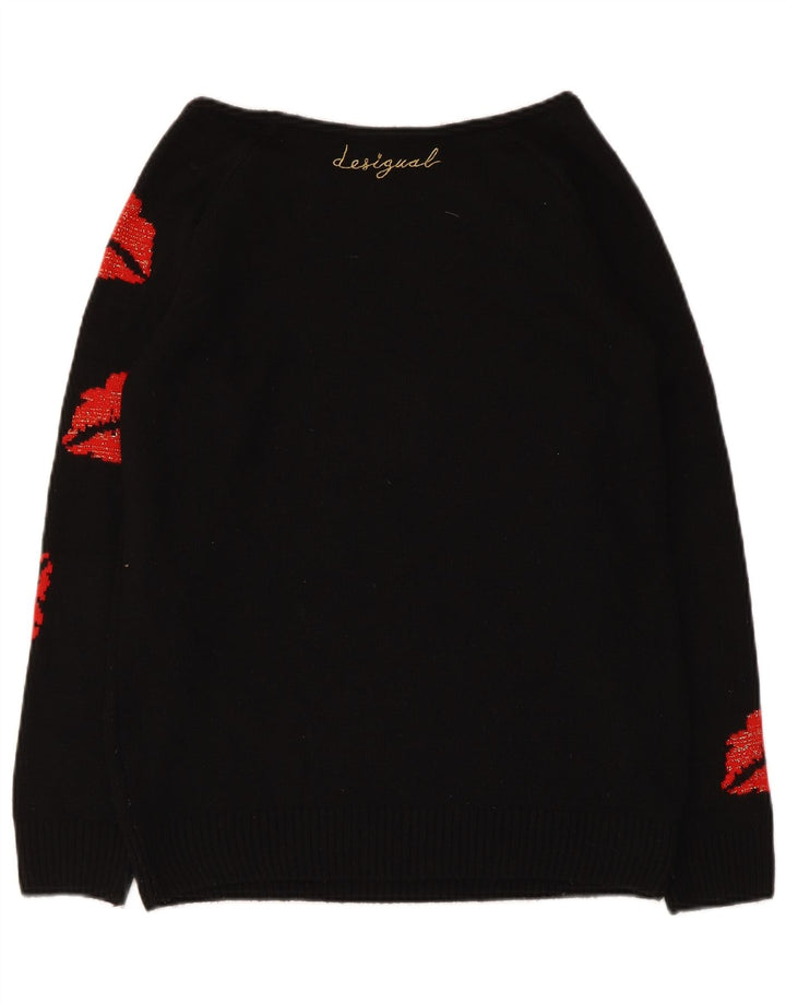 Desigual Womens Graphic Boat Neck Jumper Sweater UK 12 Medium Black