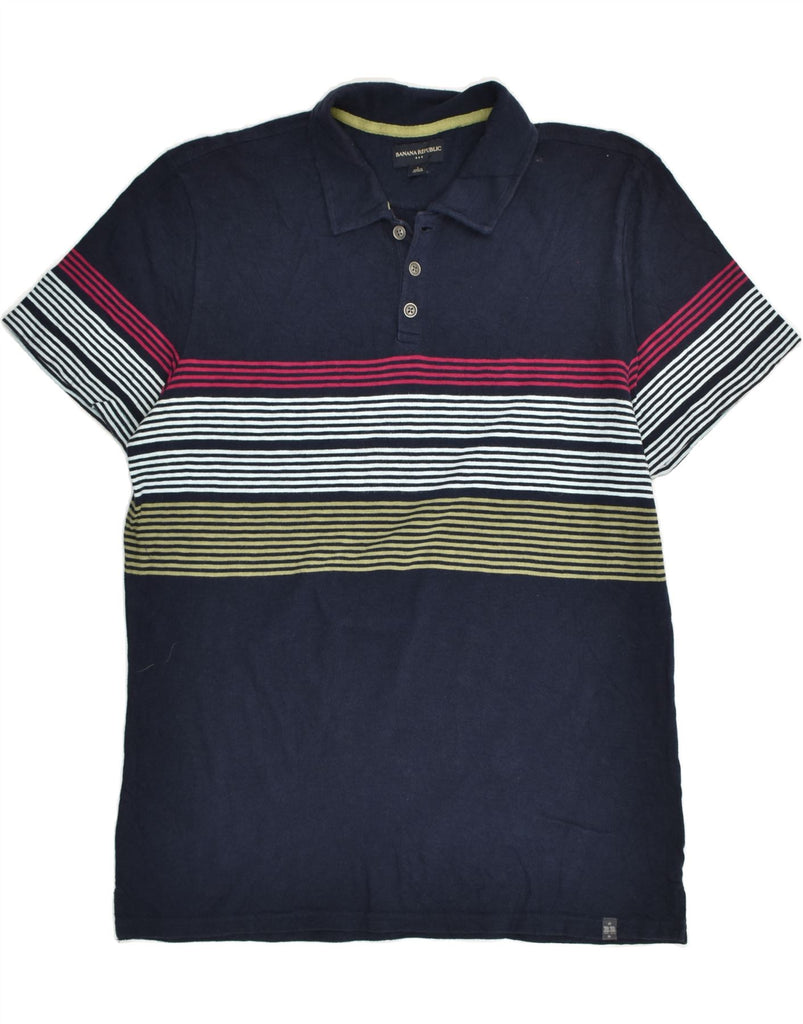 BANANA REPUBLIC Mens Polo Shirt Large Navy Blue Striped Cotton | Vintage Banana Republic | Thrift | Second-Hand Banana Republic | Used Clothing | Messina Hembry 