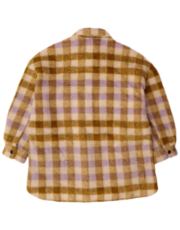 Zara Womens Oversized Fleece Jacket UK 10 Small Beige Plaid Polyester