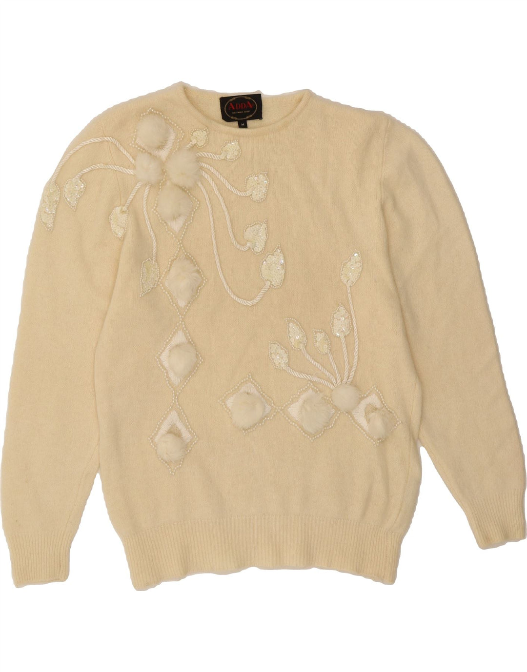 VINTAGE Womens Crew Neck Jumper Sweater UK 14 Medium Beige Geometric Vintage Vintage and Second-Hand Vintage from Messina Hembry 