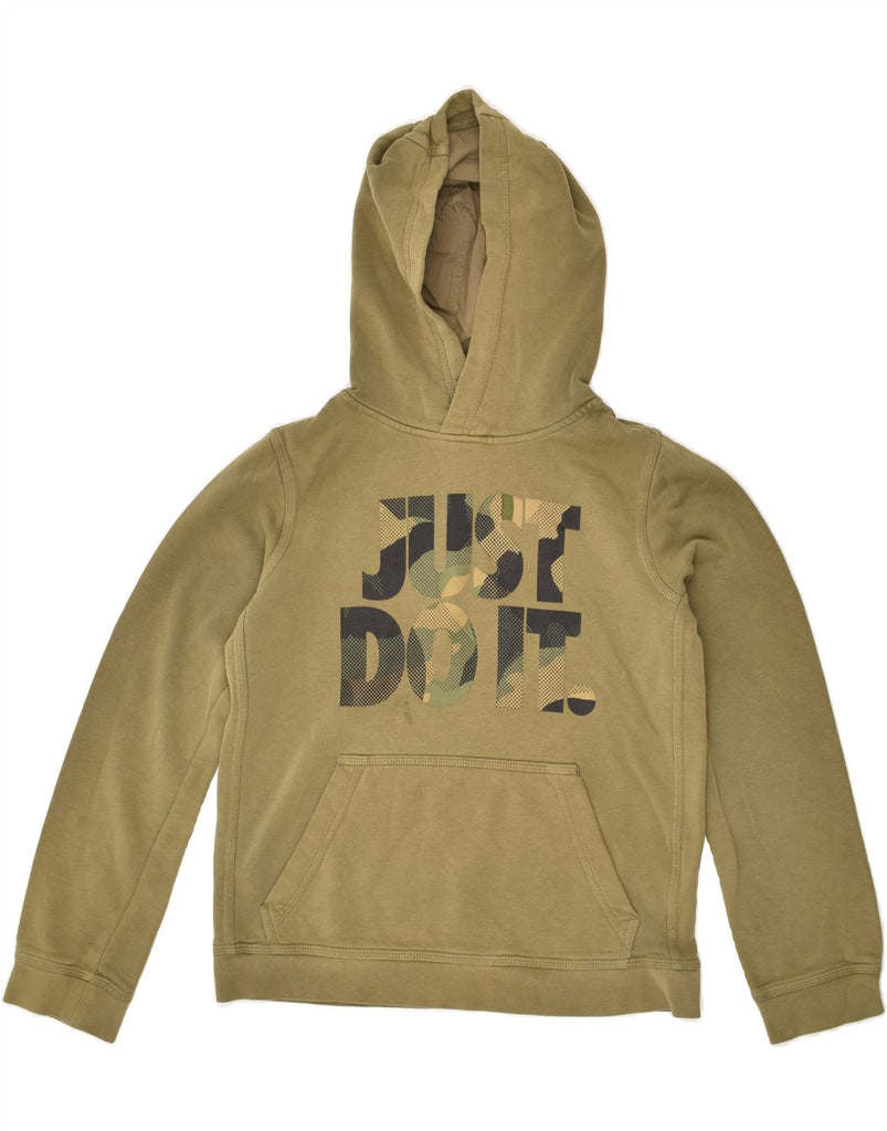 NIKE Boys Graphic Hoodie Jumper 11-12 Years Large Khaki Cotton Vintage Nike and Second-Hand Nike from Messina Hembry 