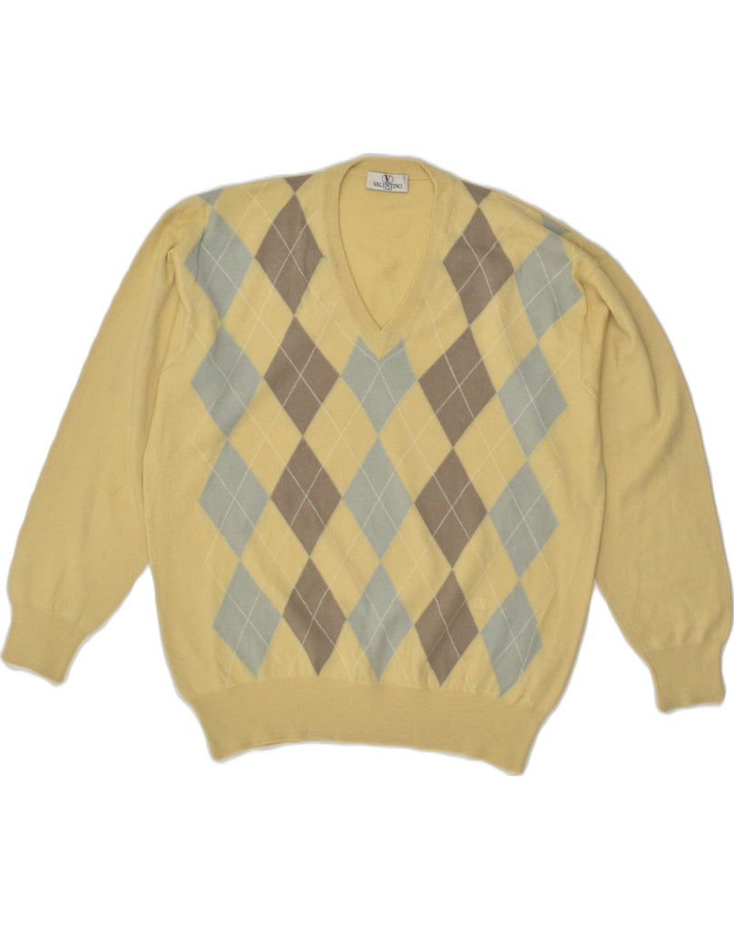 VALENTINO Mens V-Neck Jumper Sweater Large Yellow Argyle/Diamond | Vintage Valentino | Thrift | Second-Hand Valentino | Used Clothing | Messina Hembry 