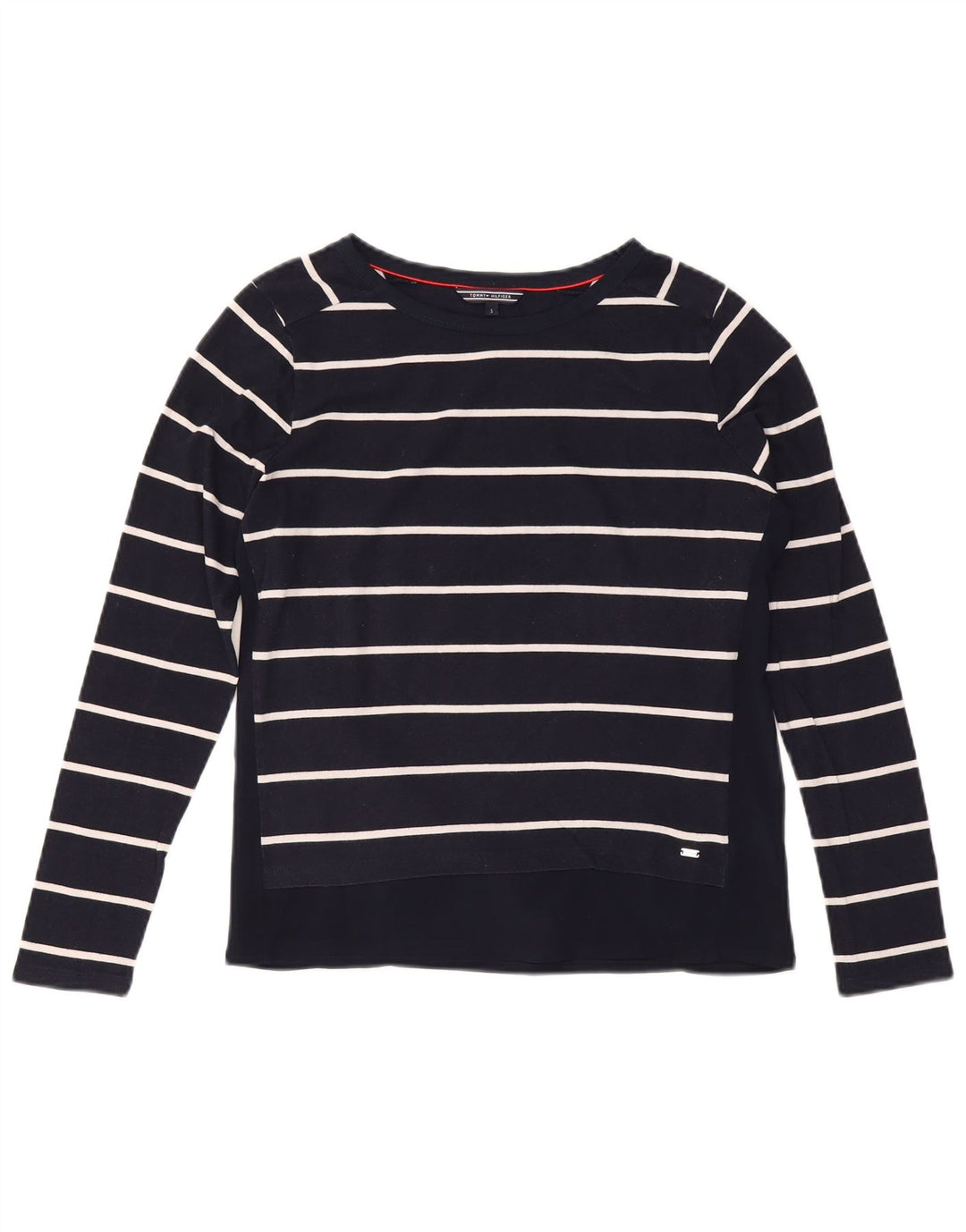 TOMMY HILFIGER Womens Top Long Sleeve UK 10 Small Navy Blue Striped Cotton