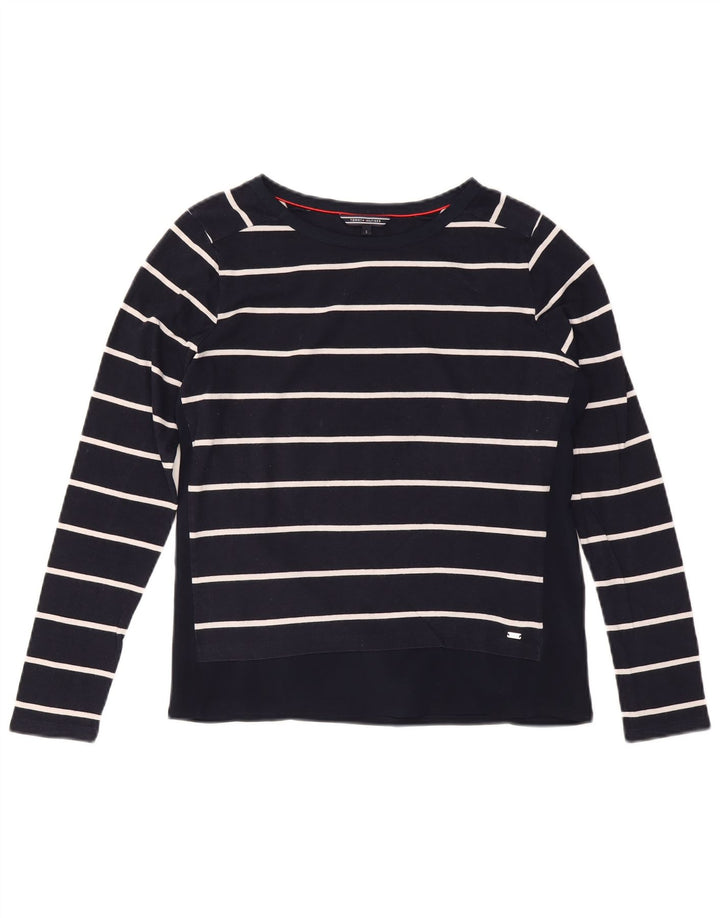 TOMMY HILFIGER Womens Top Long Sleeve UK 10 Small Navy Blue Striped Cotton