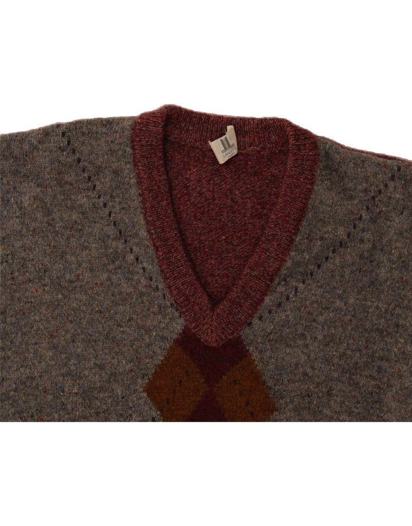 LANCETTI Mens V-Neck Jumper Sweater Large Grey Colourblock Wool Vintage Lancetti and Second-Hand Lancetti from Messina Hembry 