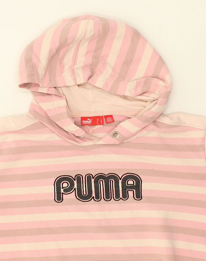 PUMA Womens Graphic Hoodie Jumper UK 14 Large Pink Striped Cotton | Vintage Puma | Thrift | Second-Hand Puma | Used Clothing | Messina Hembry 