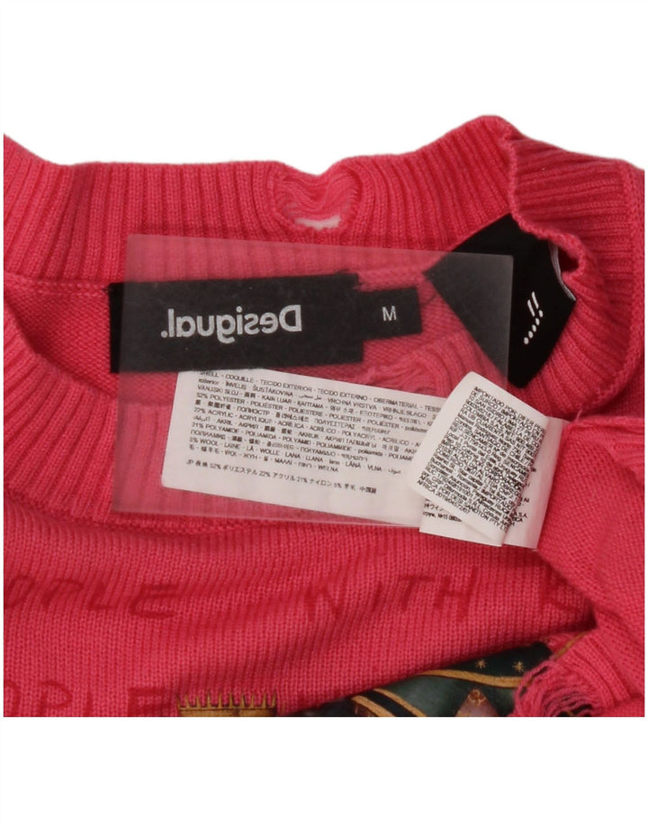 DESIGUAL Womens Crop Graphic Crew Neck Jumper Sweater UK 14 Medium Pink