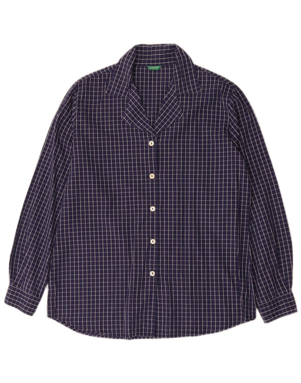 Benetton Womens Shirt IT 44 Medium Navy Blue Check Cotton