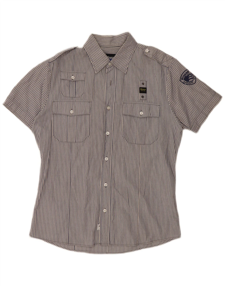 BLAUER Mens Military Short Sleeve Shirt Large Blue Pinstripe Cotton