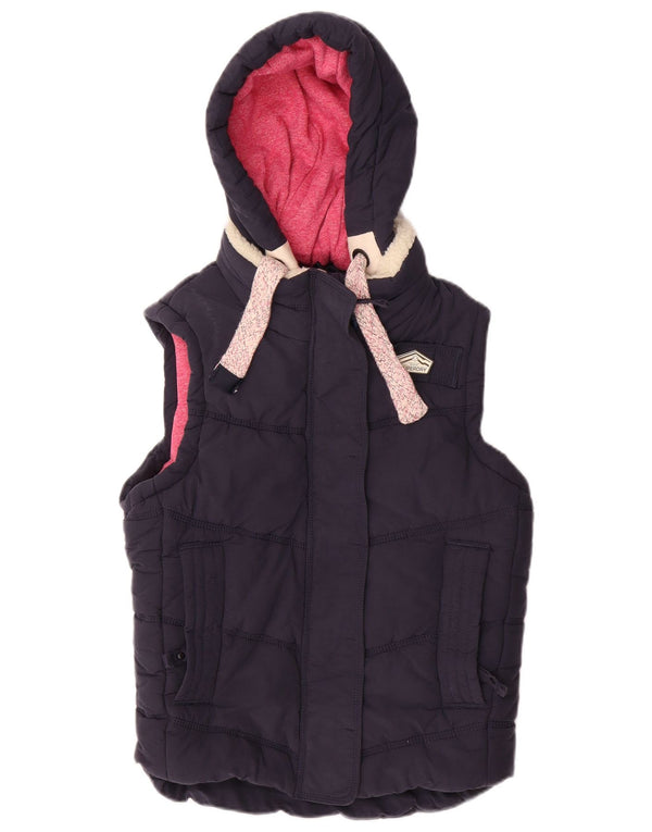 Superdry Womens Hooded Padded Gilet UK 14 Medium Navy Blue Cotton