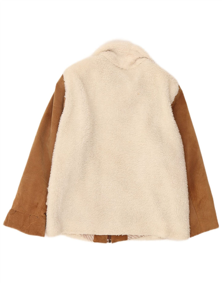 Vintage Womens Leather Fleece Jacket UK 14 Medium White Colourblock Leather