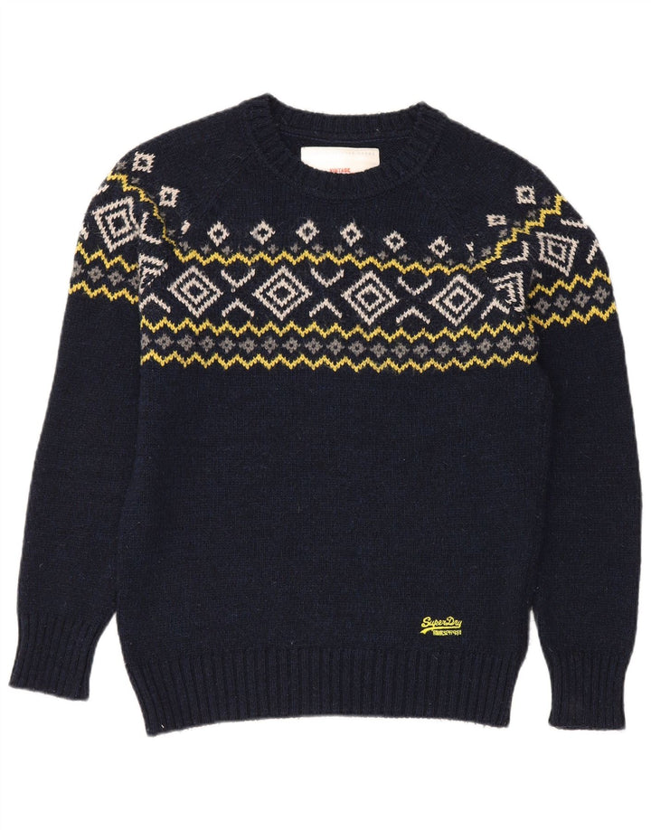Superdry Mens Crew Neck Jumper Sweater Medium Navy Blue Fair Isle Acrylic