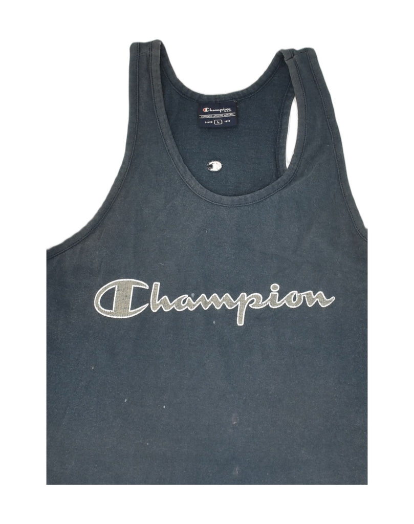 CHAMPION Womens Graphic Vest Top UK 14 Large Navy Blue Cotton | Vintage Champion | Thrift | Second-Hand Champion | Used Clothing | Messina Hembry 