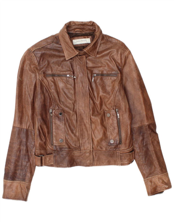 ZARA Womens Crop Leather Jacket UK 16 Large Brown Leather
