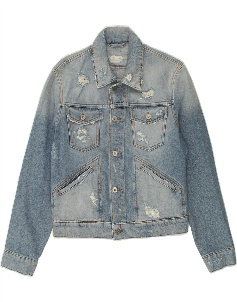 VINTAGE Womens Distressed Denim Jacket UK 14 Medium Blue Vintage Vintage and Second-Hand Vintage from Messina Hembry 