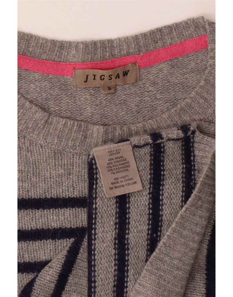JIGSAW Womens Crop Crew Neck Jumper Sweater UK 10 Small Grey Striped Wool Vintage Jigsaw and Second-Hand Jigsaw from Messina Hembry 