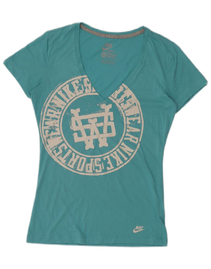NIKE Womens Slim Fit Graphic T-Shirt Top UK 12 Medium Blue Polyester