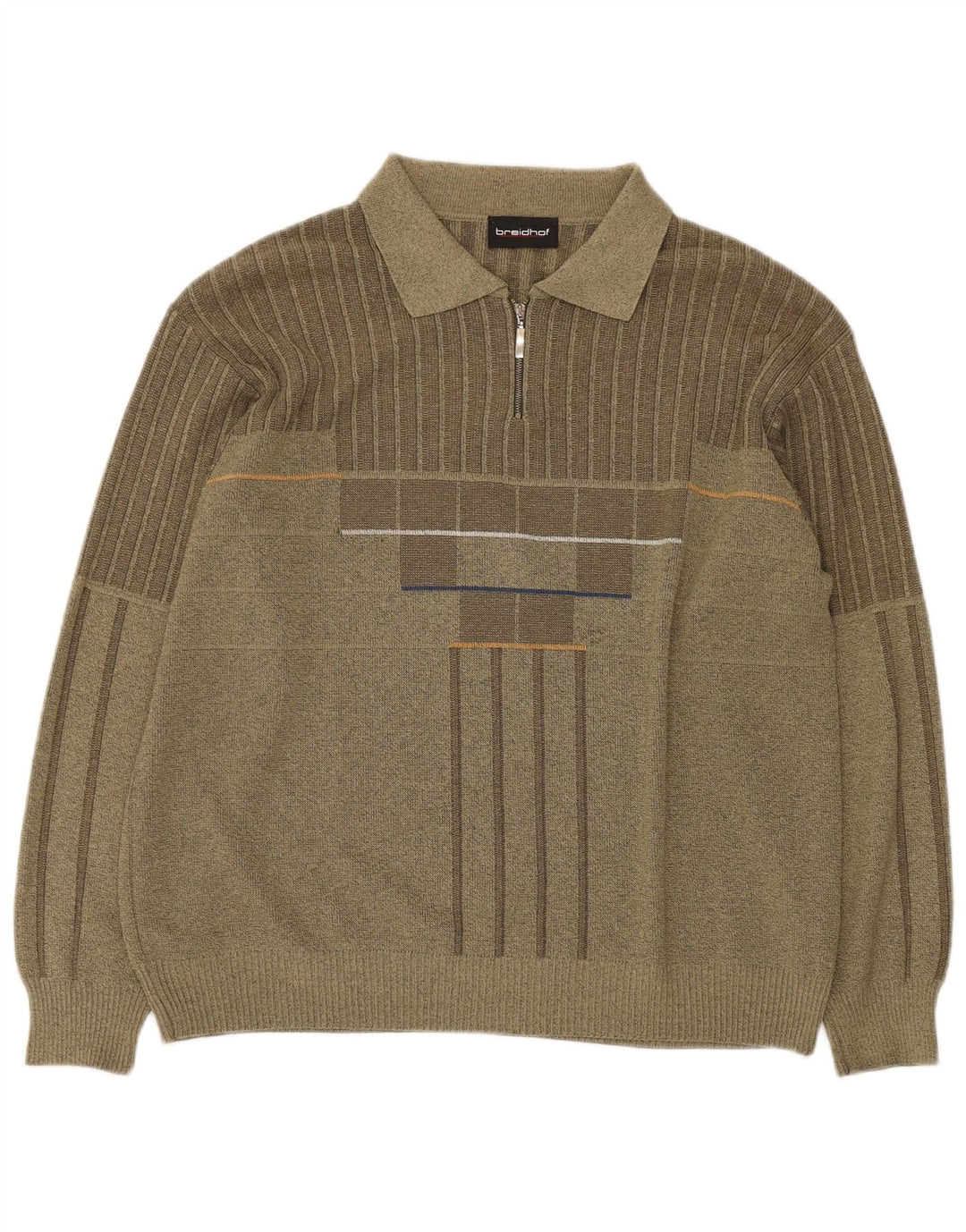 BREIDHOF Mens Polo Neck Jumper Sweater Large Khaki Striped Polyacrylic