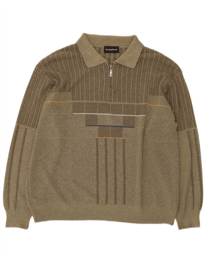 BREIDHOF Mens Polo Neck Jumper Sweater Large Khaki Striped Polyacrylic