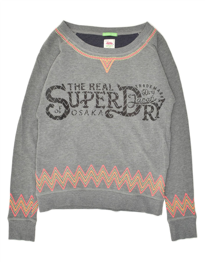 SUPERDRY Womens Oversized Graphic Sweatshirt Jumper UK 6 XS Grey Chevron | Vintage Superdry | Thrift | Second-Hand Superdry | Used Clothing | Messina Hembry 