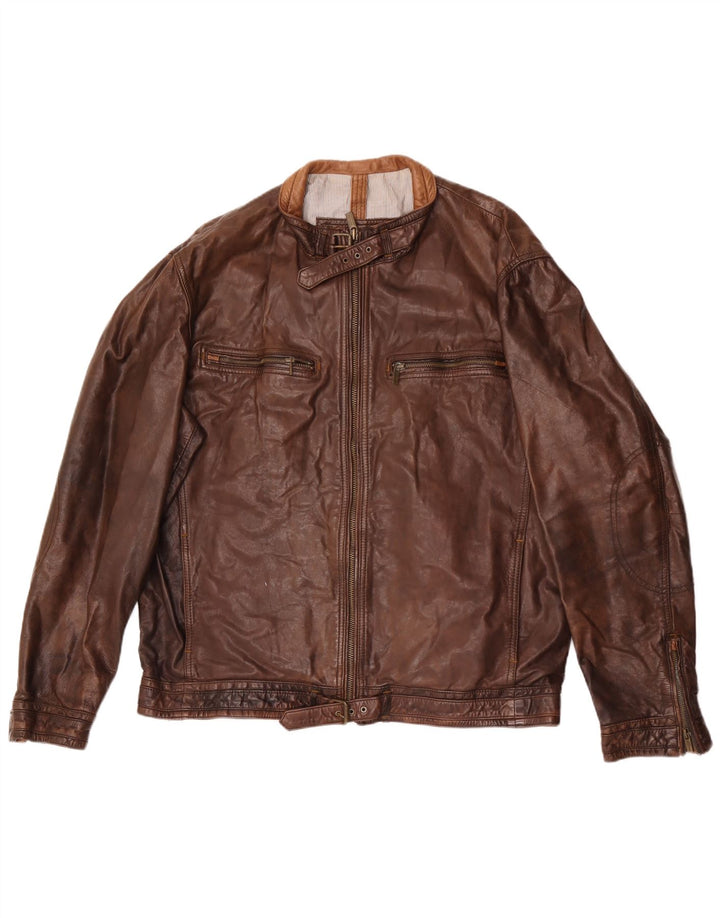 Massimo Dutti Mens Leather Biker Jacket UK 42 XL Brown Leather