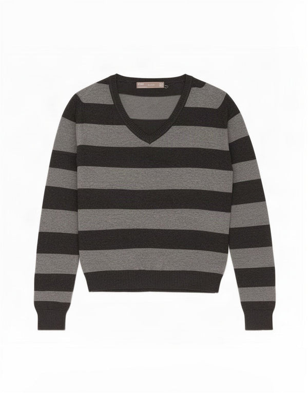 Zara Womens V-Neck Jumper Sweater UK 12 Medium Grey Striped Cotton