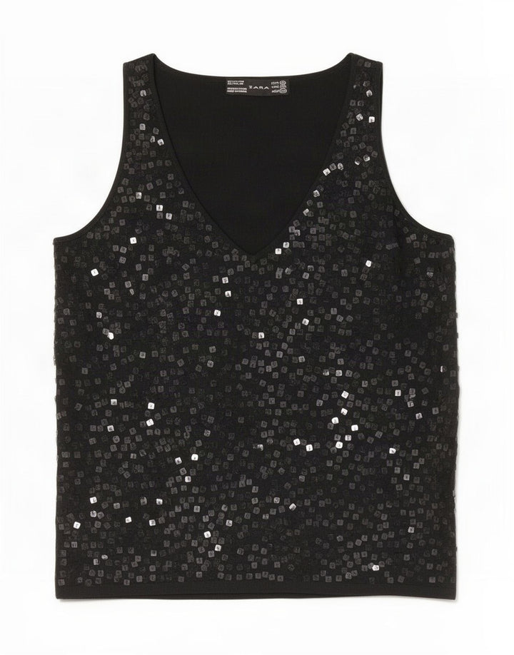 Zara Womens Sleeveless Blouse Top UK 12 Medium Black Flecked Viscose
