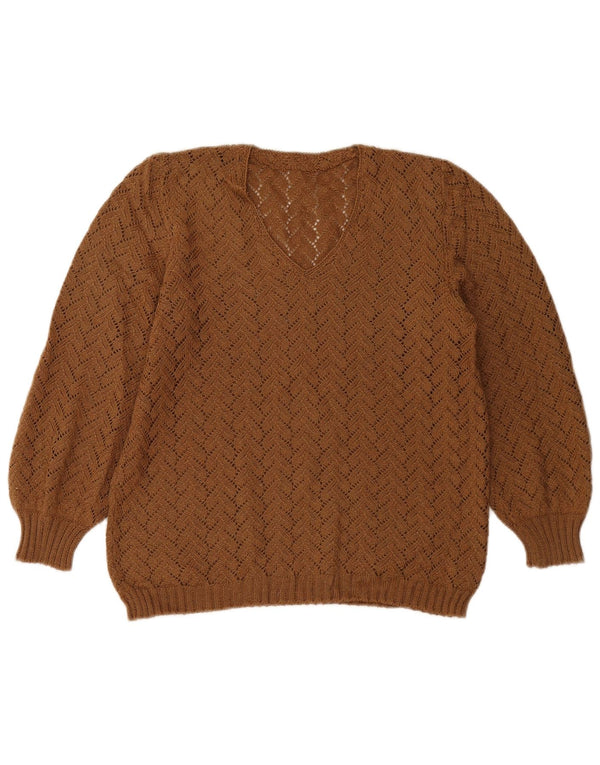 Vintage Womens V-Neck Jumper Sweater UK 14 Medium Brown
