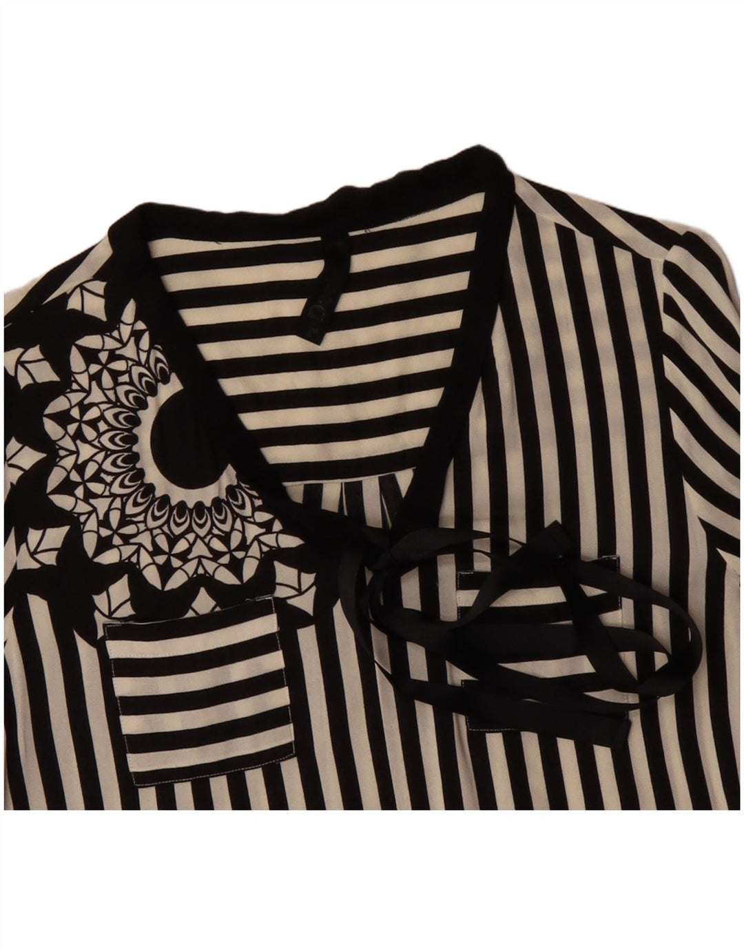 DESIGUAL Womens Graphic Front Tie Shirt Blouse UK 12 Medium Black Striped