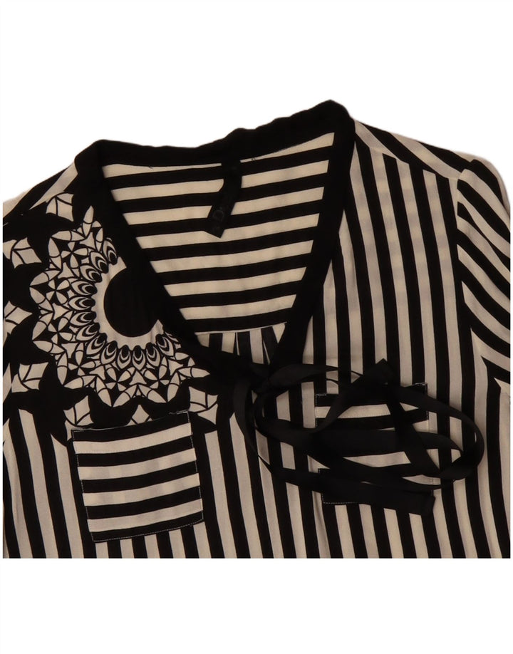 DESIGUAL Womens Graphic Front Tie Shirt Blouse UK 12 Medium Black Striped