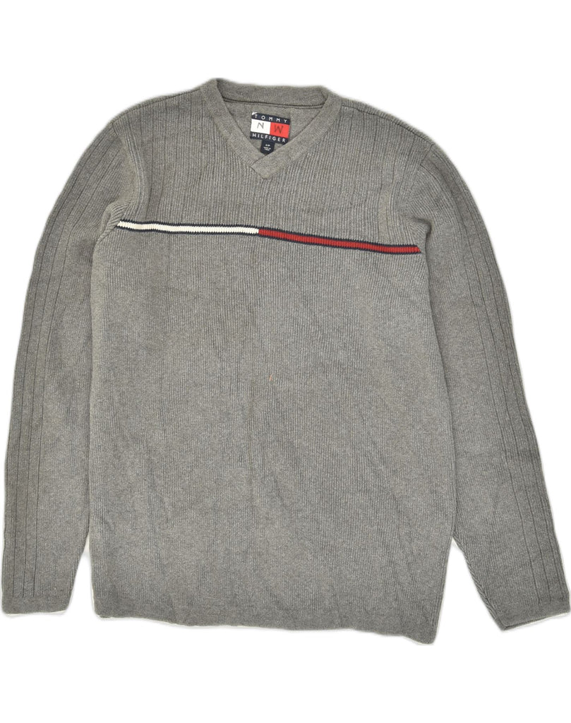 TOMMY HILFIGER Mens V-Neck Jumper Sweater Small Grey Cotton | Vintage Tommy Hilfiger | Thrift | Second-Hand Tommy Hilfiger | Used Clothing | Messina Hembry 