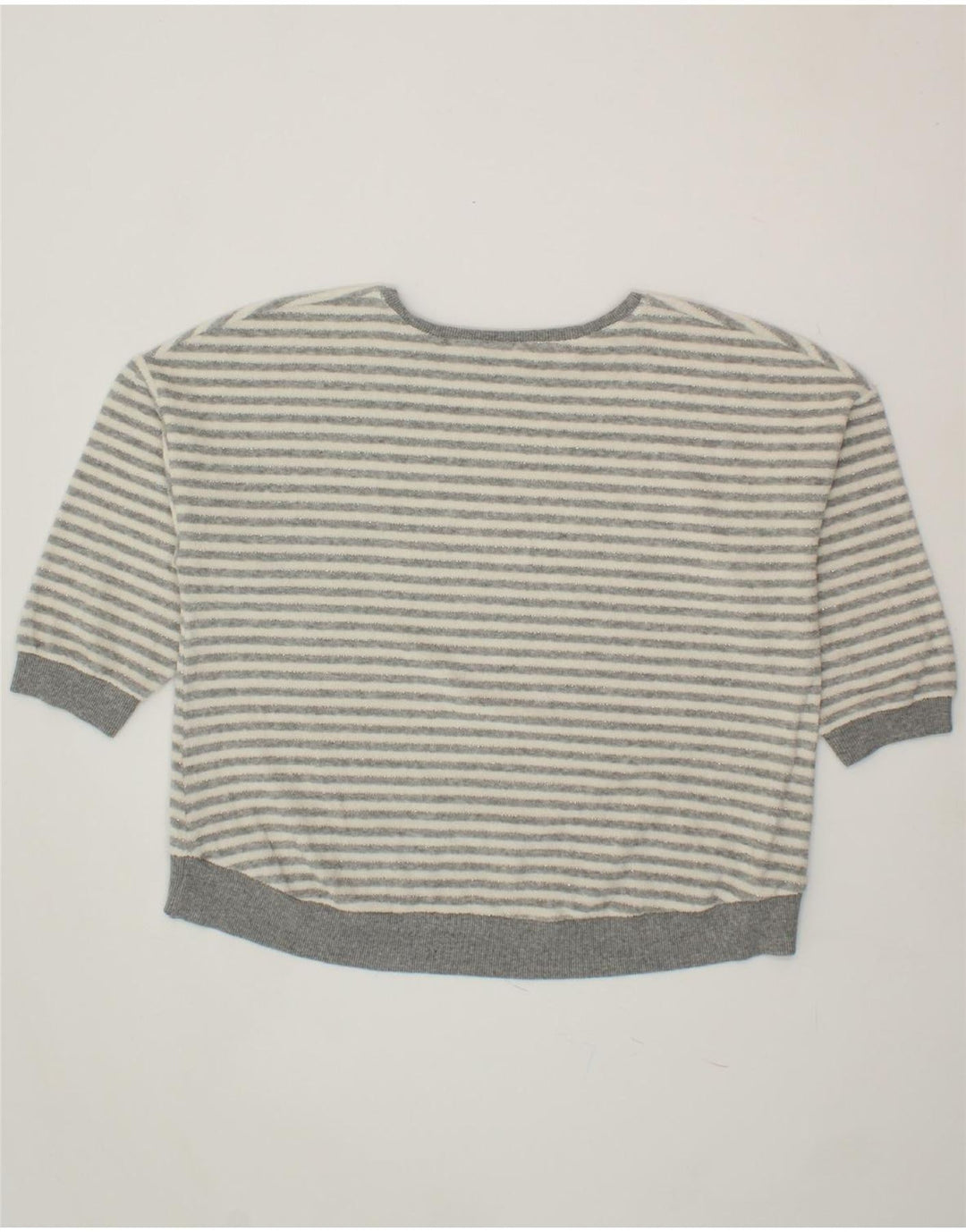 BENETTON Womens Boat Neck Jumper Sweater UK 14 Medium Grey Striped Vintage Benetton and Second-Hand Benetton from Messina Hembry 