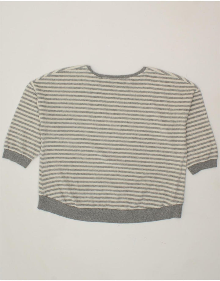 BENETTON Womens Boat Neck Jumper Sweater UK 14 Medium Grey Striped Vintage Benetton and Second-Hand Benetton from Messina Hembry 