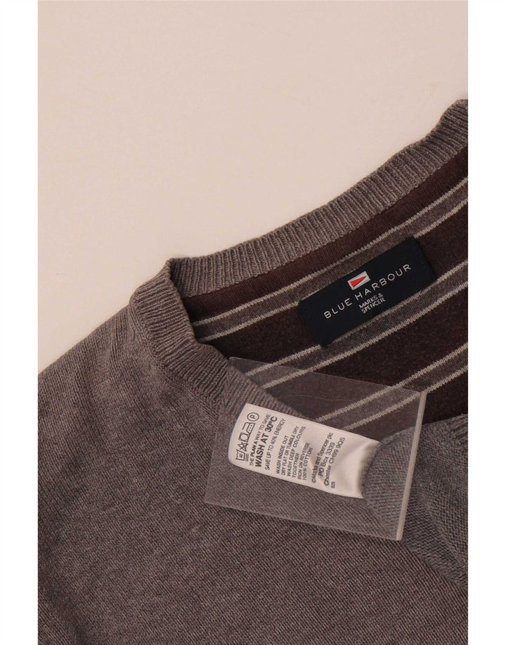 Marks & Spencer Mens Blue Harbour V-Neck Jumper Sweater Medium Grey Cotton