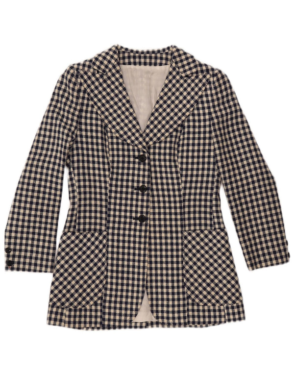 VINTAGE Womens 3 Button Blazer Jacket UK 10 Small Navy Blue Gingham