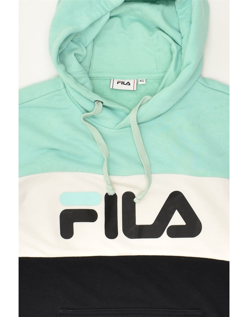 FILA Womens Graphic Hoodie Jumper UK 6 XS Blue Colourblock Cotton | Vintage Fila | Thrift | Second-Hand Fila | Used Clothing | Messina Hembry 