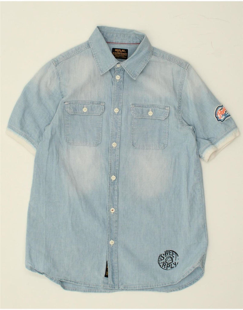 REPLAY Boys Short Sleeve Denim Shirt 8-9 Years Blue Cotton Vintage Replay and Second-Hand Replay from Messina Hembry 