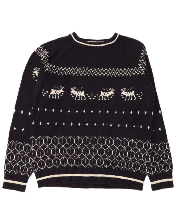 CELIO Womens Boat Neck Jumper Sweater UK 18 XL Navy Blue Fair Isle Acrylic