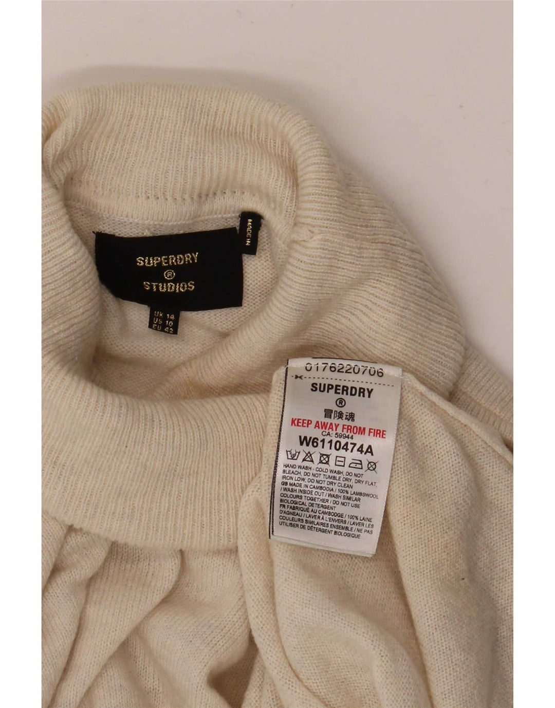 Superdry Womens Oversized Roll Neck Jumper Sweater UK 14 Large Beige Wool