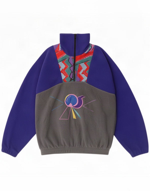 Vintage Womens Graphic Zip Neck Fleece Jumper UK 18 XL Purple Colourblock