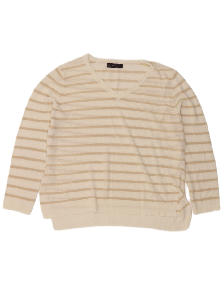 Marks & Spencer Womens V-Neck Jumper Sweater UK 14 Large White Striped