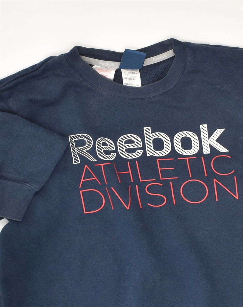 REEBOK Boys Graphic Sweatshirt Jumper 13-14 Years Navy Blue Cotton | Vintage Reebok | Thrift | Second-Hand Reebok | Used Clothing | Messina Hembry 