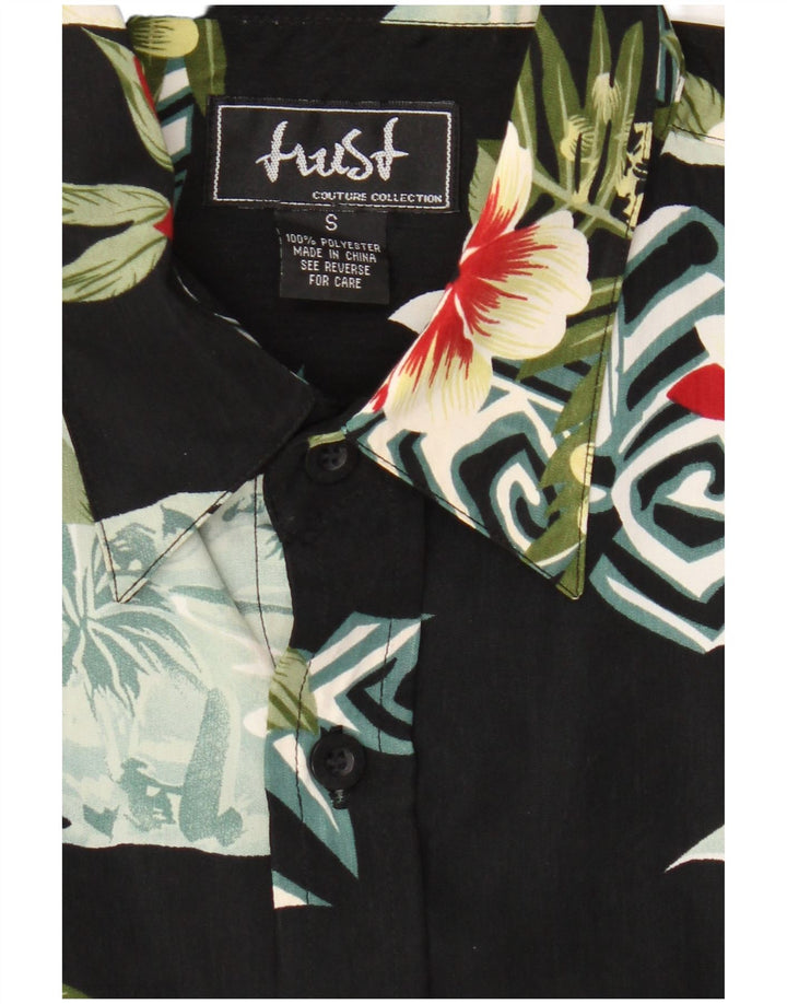 Vintage Mens Short Sleeve Shirt Small Black Floral Polyester Hawaiian