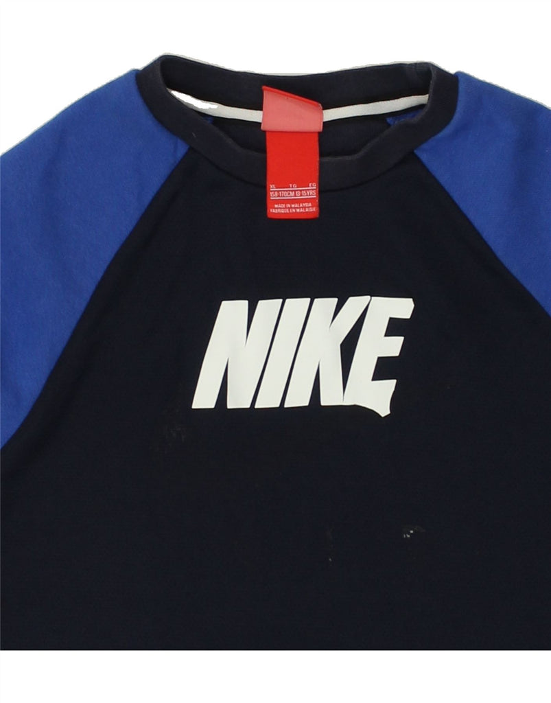 NIKE Boys Graphic Sweatshirt Jumper 13-14 Years Navy Blue Colourblock | Vintage Nike | Thrift | Second-Hand Nike | Used Clothing | Messina Hembry 