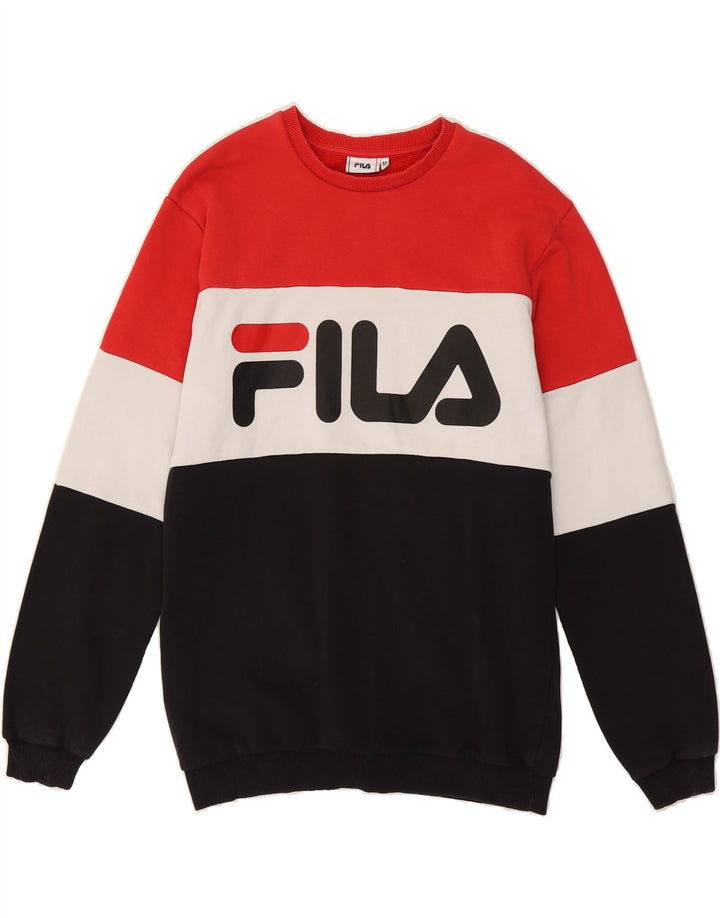 FILA Mens Graphic Sweatshirt Jumper Medium Red Colourblock Cotton Vintage Fila and Second-Hand Fila from Messina Hembry 