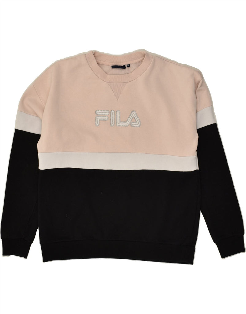 FILA Womens Graphic Sweatshirt Jumper UK 14 Medium Black Colourblock | Vintage Fila | Thrift | Second-Hand Fila | Used Clothing | Messina Hembry 