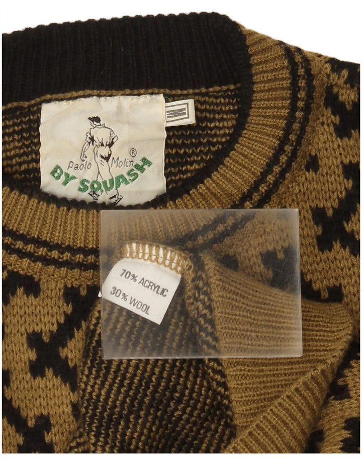 Vintage Mens Crew Neck Jumper Sweater Medium Brown Geometric Acrylic