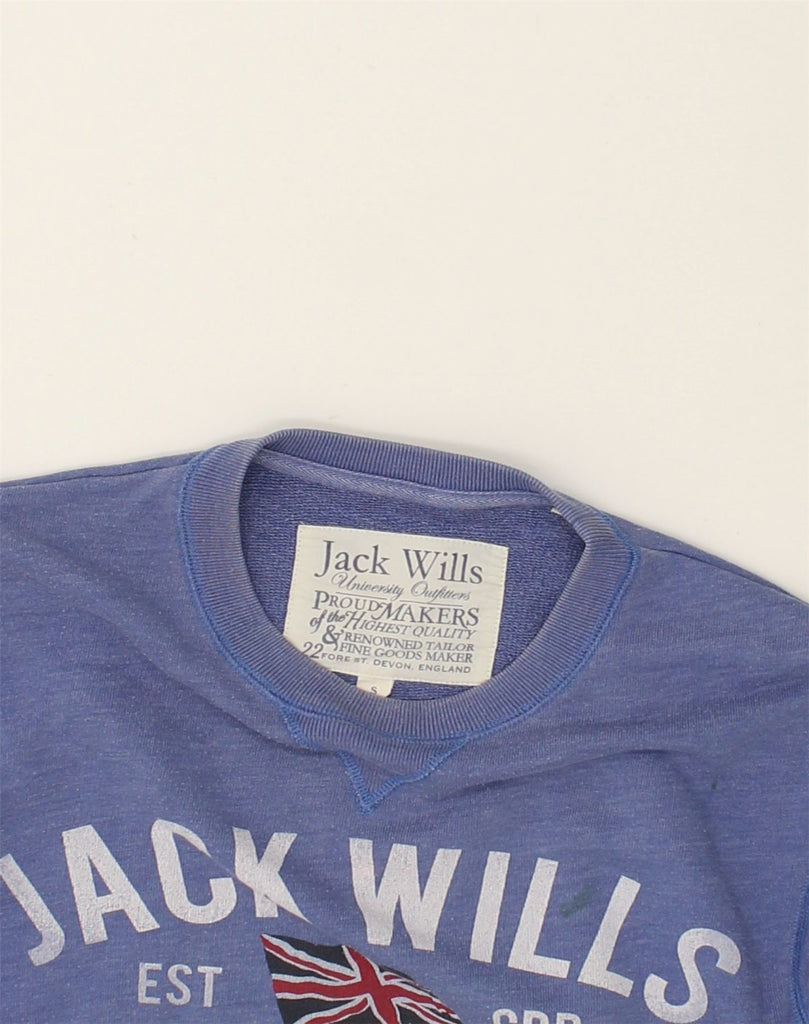 JACK WILLS Mens Graphic Sweatshirt Jumper Small Blue Cotton | Vintage Jack Wills | Thrift | Second-Hand Jack Wills | Used Clothing | Messina Hembry 