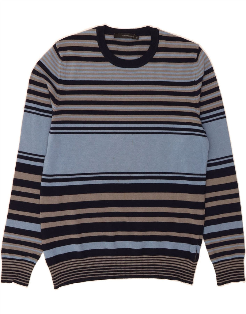 CALVIN KLEIN JEANS Mens Crew Neck Jumper Sweater XL Blue Striped Wool Vintage Calvin Klein Jeans and Second-Hand Calvin Klein Jeans from Messina Hembry 