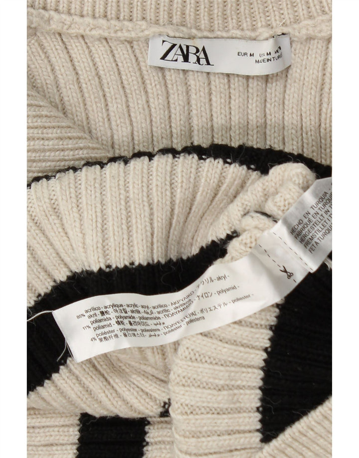 ZARA Womens Zip Neck Jumper Sweater UK 14 Medium White Striped Acrylic